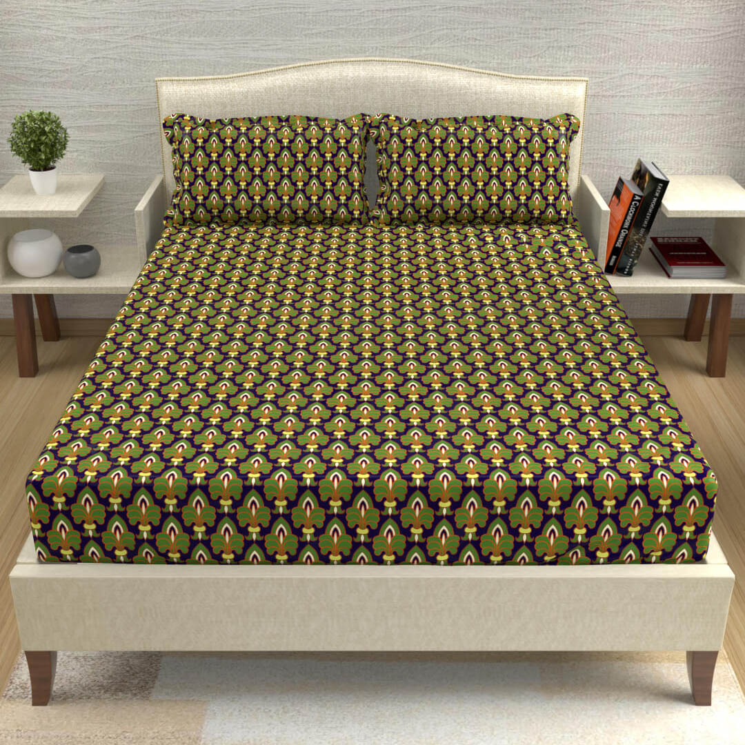 buy olive green and blue intricate all over cotton double bed bedsheets online – front view